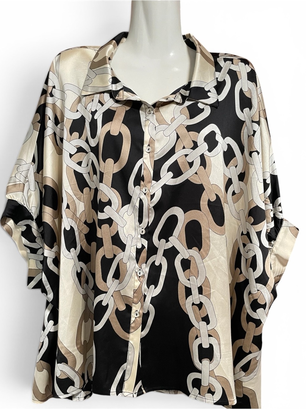 eesome Chain-Print Satin Oversized Fit Button-Down Blouse - Black, Cream & Tan
